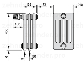 Схема (чертеж) Радиатор Zehnder Charleston 6045/3 №V007 Белый глянцевый RAL 9016